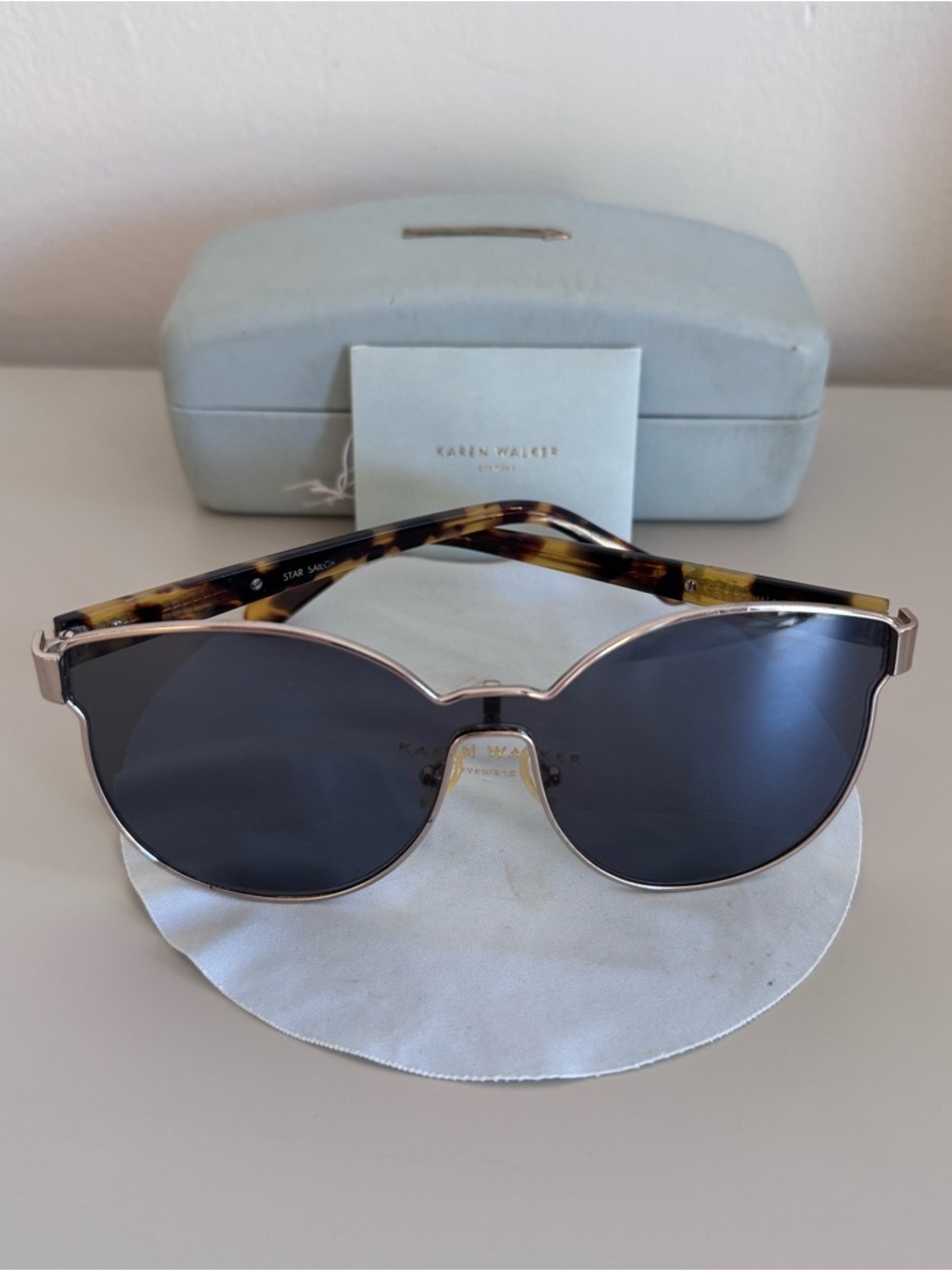 Karen Walker Tortoiseshell Arms Black Lens White Gold Frame Sunglasses